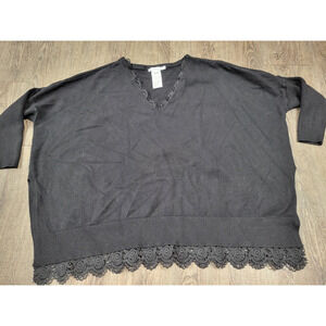 Chico's Black Lace Trim Oversized Sweater S/M Top Blouse Pullover V Neck